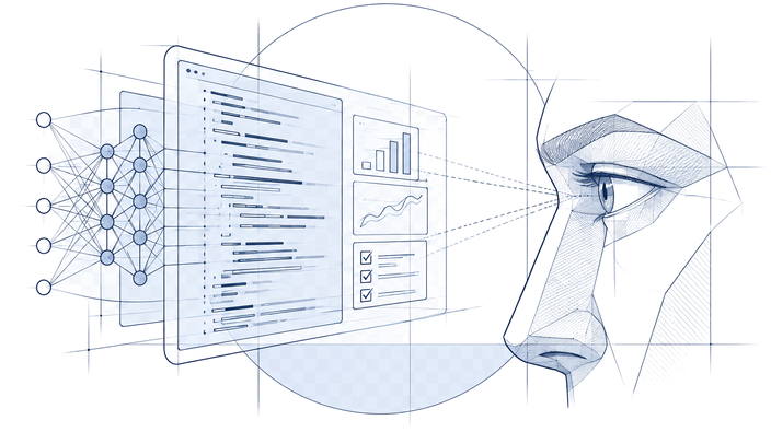 Illustration of a neural network feeding a code and analytics dashboard being inspected closely