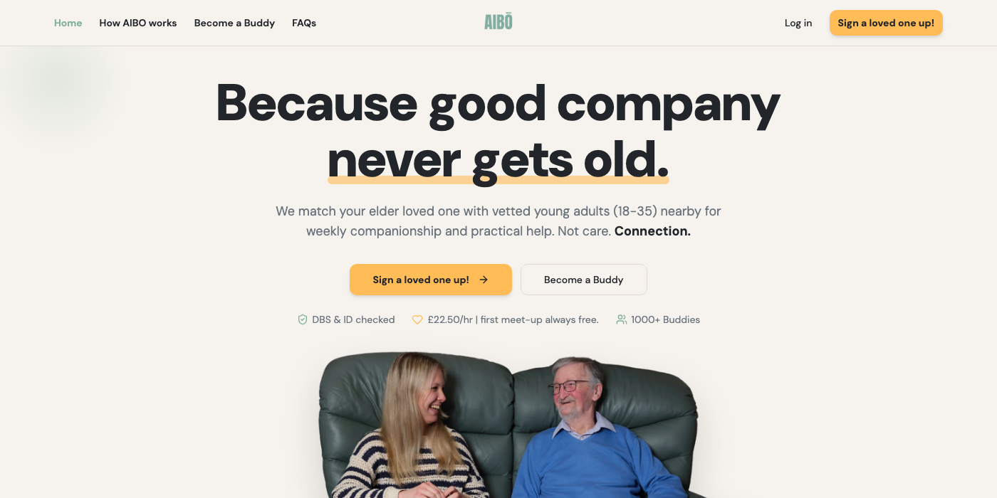 Aibo homepage showing their intergenerational companionship service