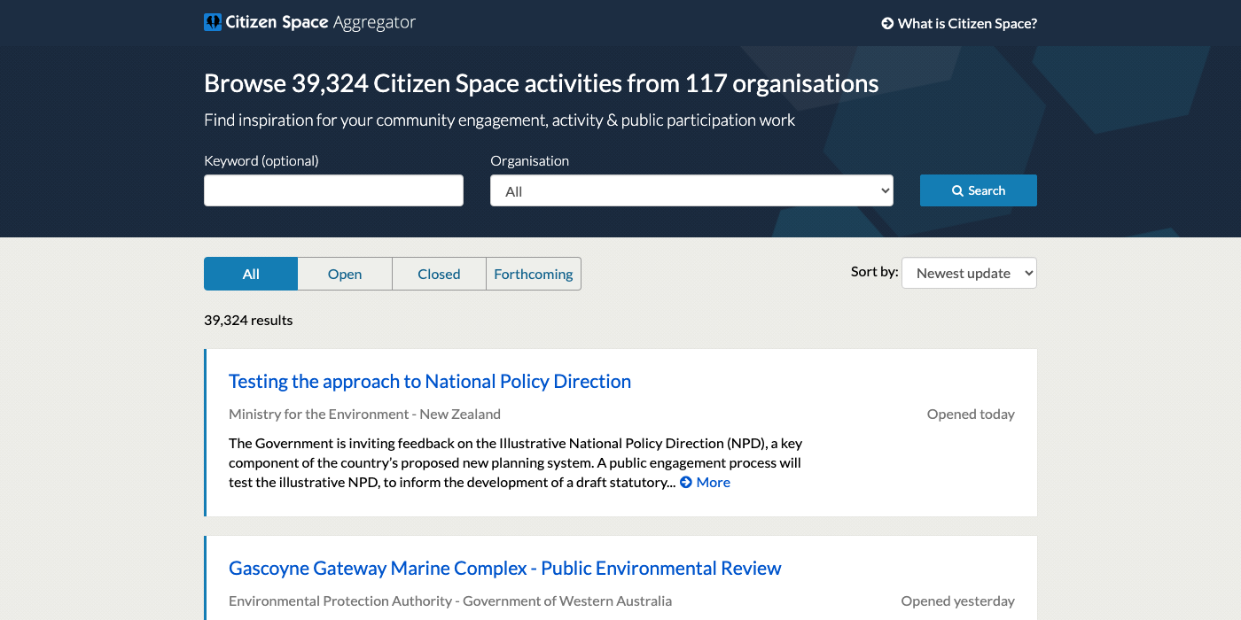 Citizen Space Aggregator search results listing public consultations